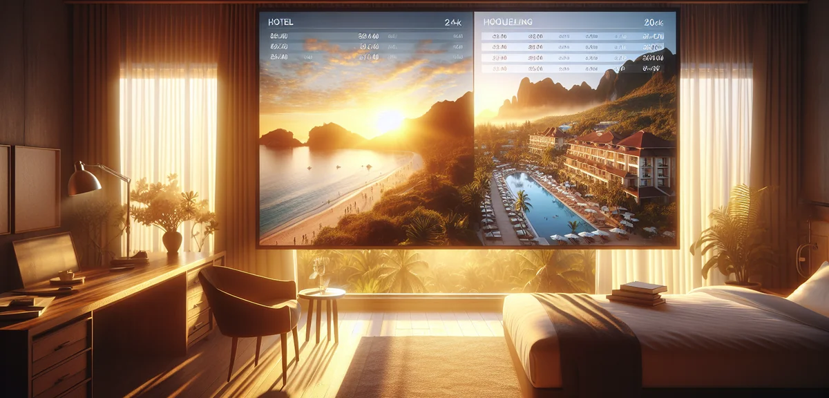 Side-by-side comparison of hotel prices on different booking websites, professional product photogra