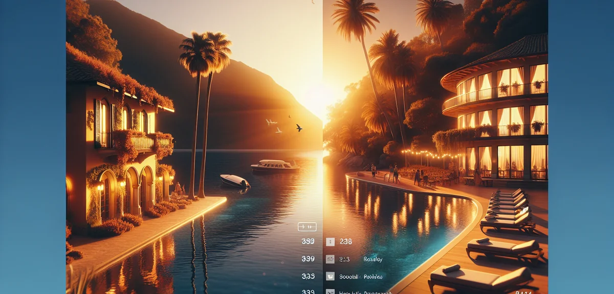 Side-by-side comparison of hotel prices on different booking websites, professional product photogra