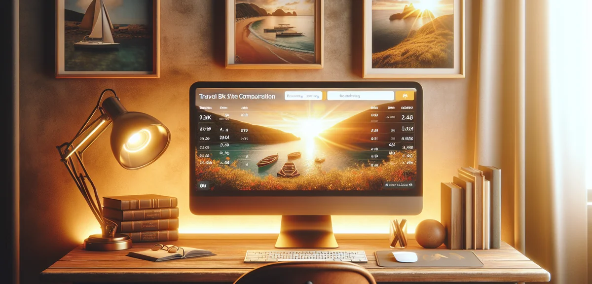 Travel booking site comparison dashboard showing rankings, professional screen photography, modern d