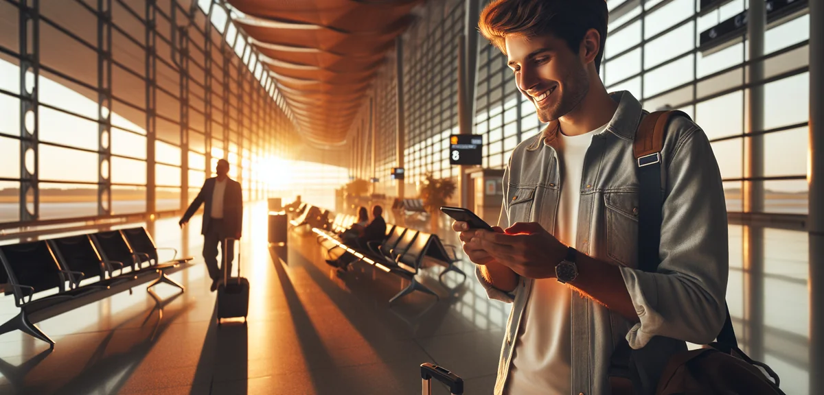 Person happily using travel booking app on smartphone at airport, professional lifestyle photography