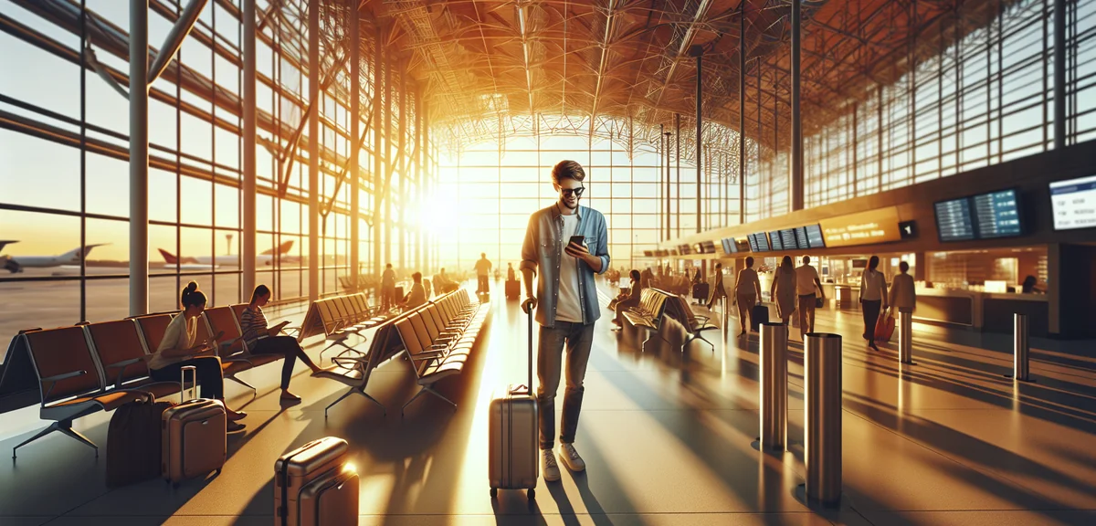 Person happily using travel booking app on smartphone at airport, professional lifestyle photography