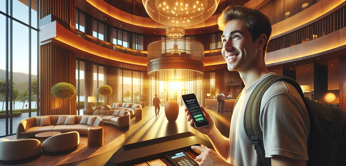 Satisfied traveler checking into luxury hotel with smartphone showing best price, professional lifes