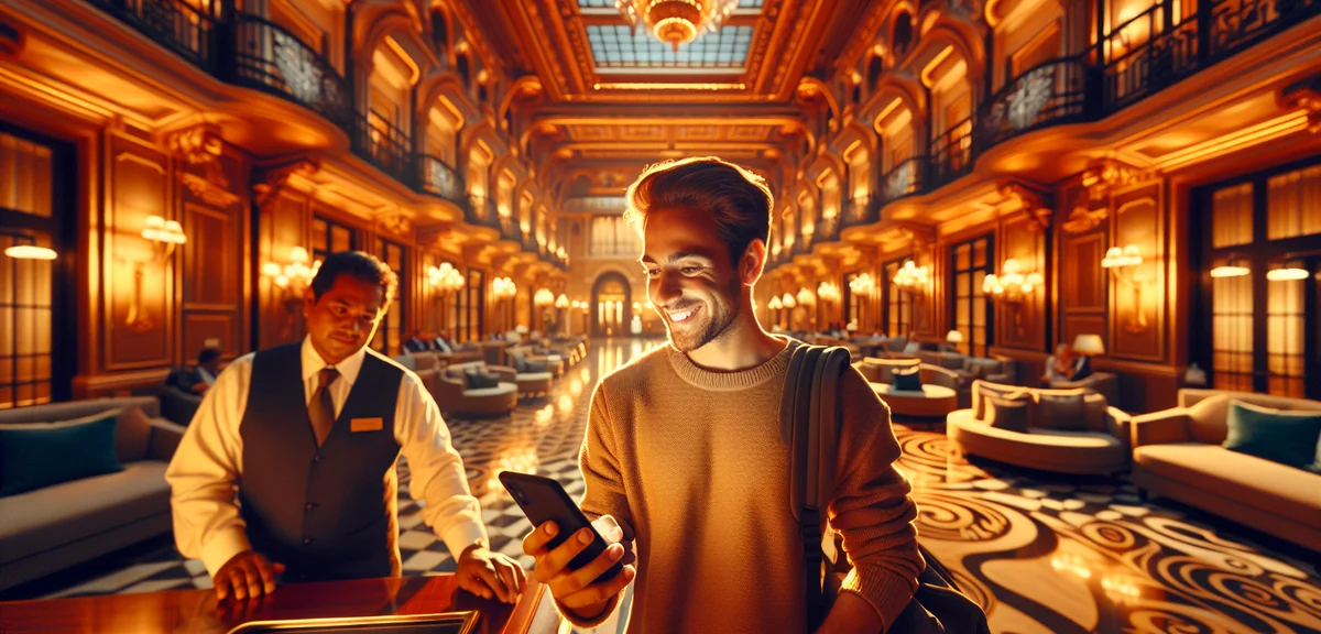 Satisfied traveler checking into luxury hotel with smartphone showing best price, professional lifes