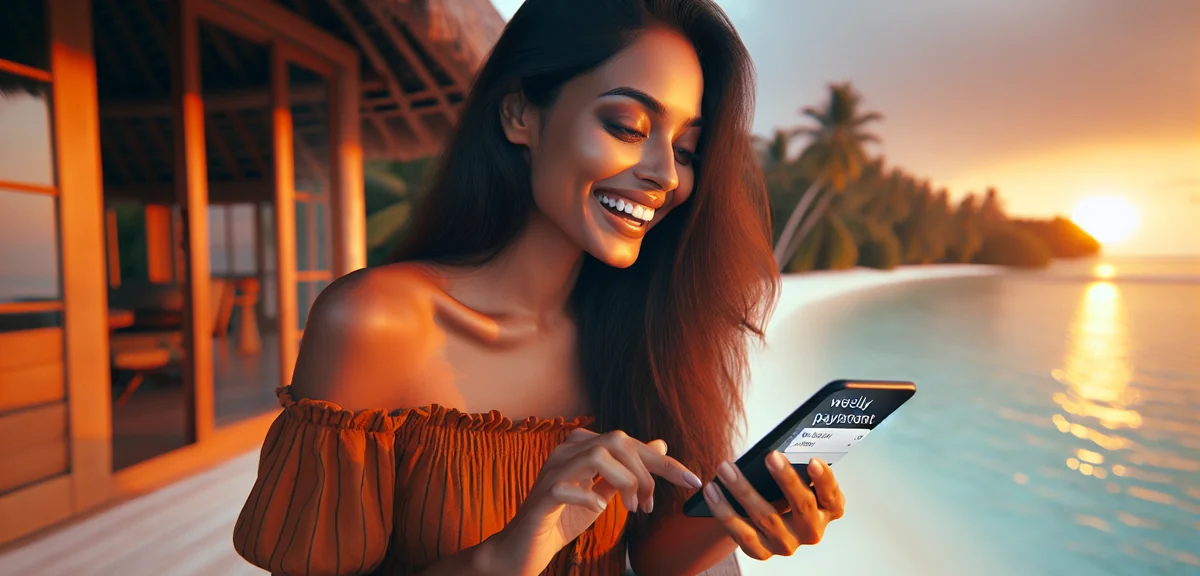 Person receiving weekly payment notification with happy expression, modern smartphone, professional 