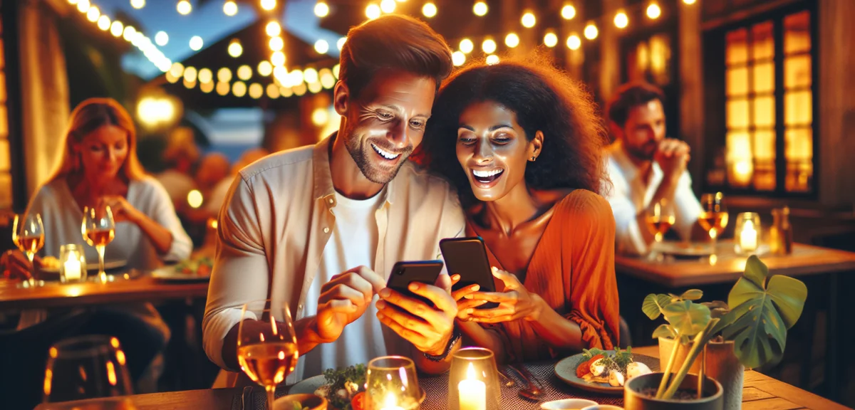 Friends excitedly looking at travel deals on phone together at casual dinner, professional lifestyle