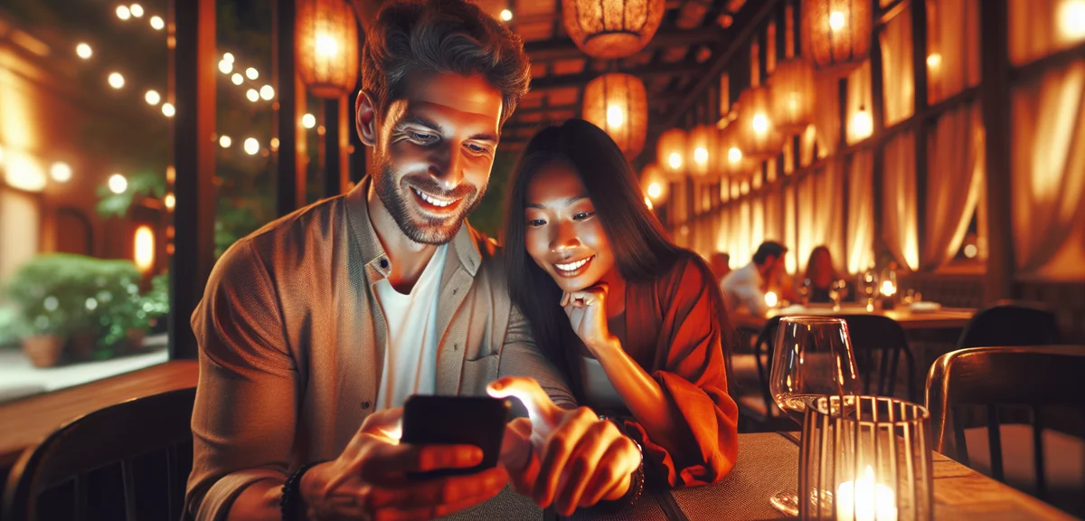 Friends excitedly looking at travel deals on phone together at casual dinner, professional lifestyle