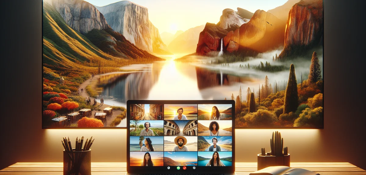 Online community video call with travel enthusiasts sharing experiences, multiple participants on sc