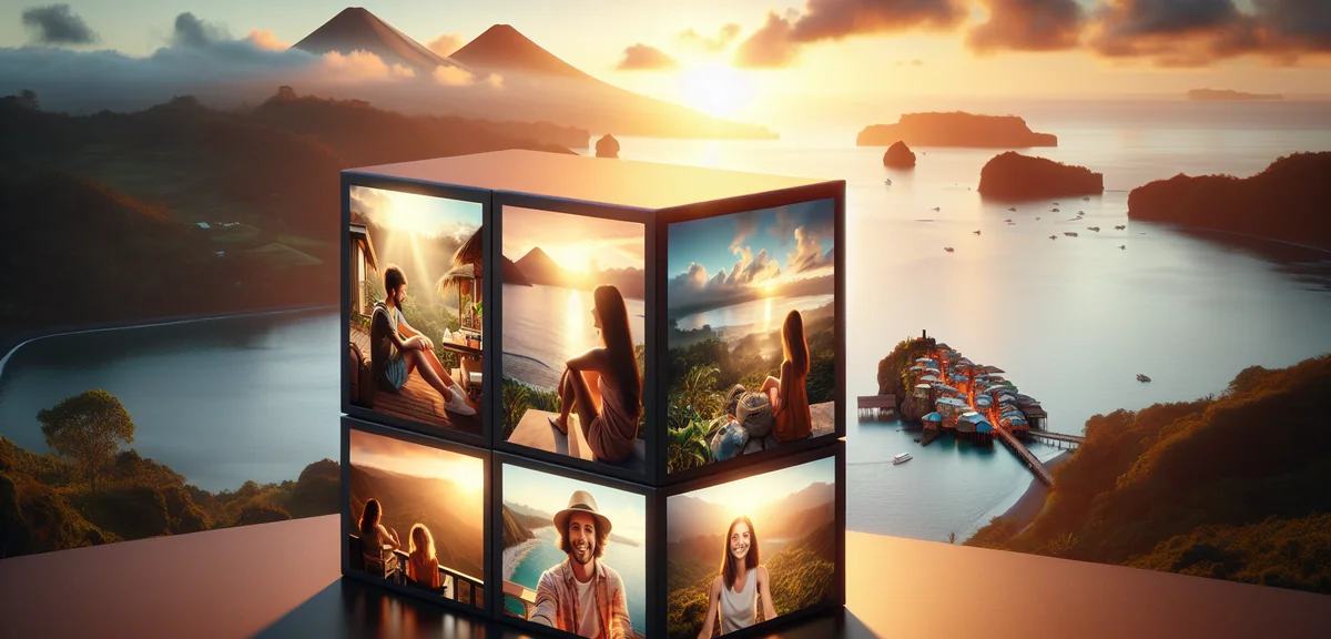 Online community video call with travel enthusiasts sharing experiences, multiple participants on sc