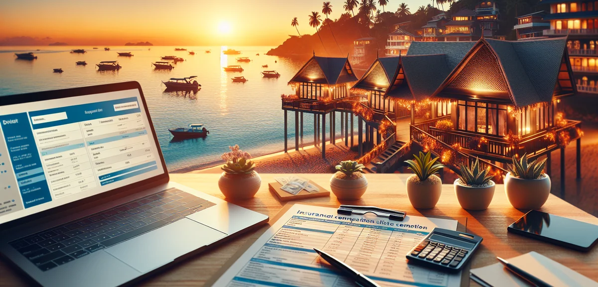 Insurance comparison documents spread on desk with laptop showing options, professional overhead pho