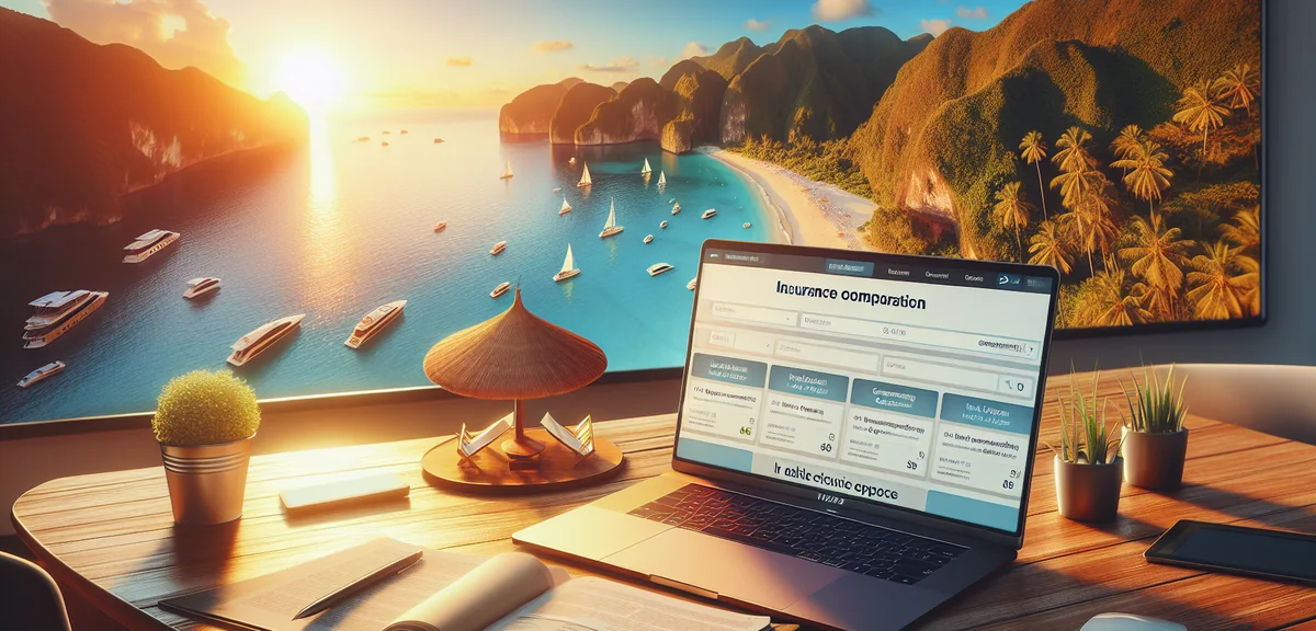 Insurance comparison documents spread on desk with laptop showing options, professional overhead pho