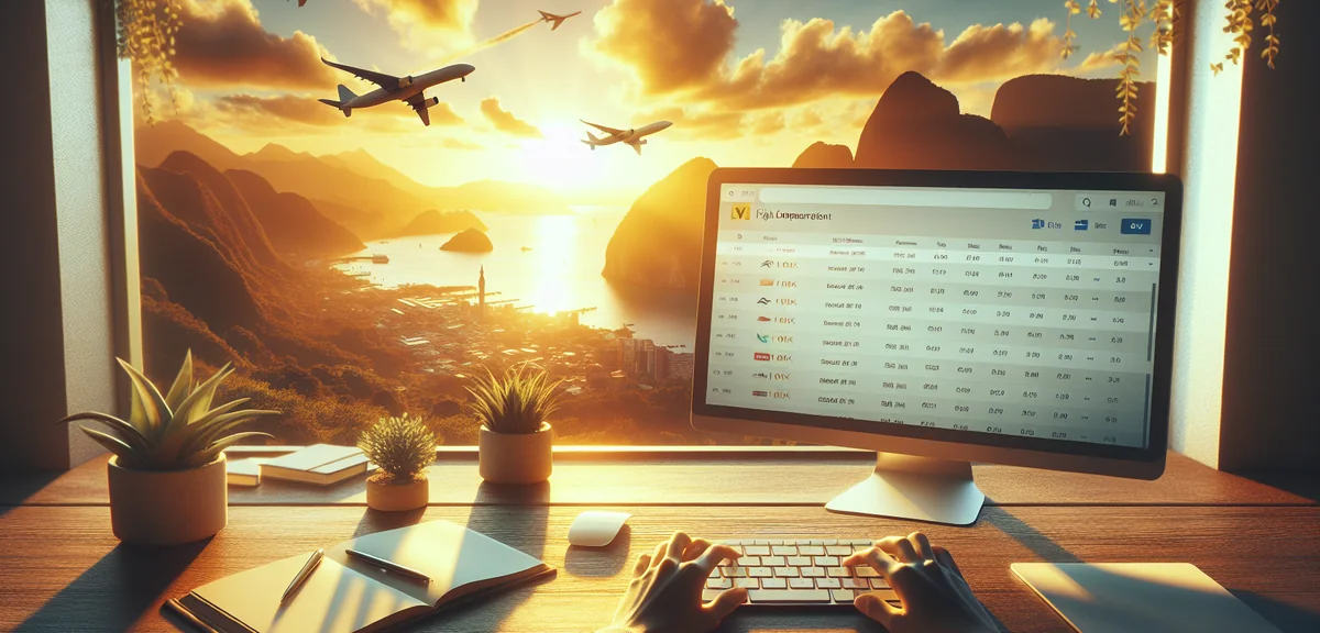 Flight comparison search results on computer screen showing different airline prices, professional p