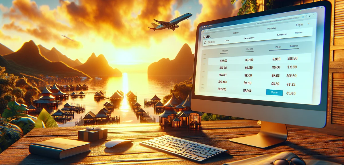 Flight comparison search results on computer screen showing different airline prices, professional p