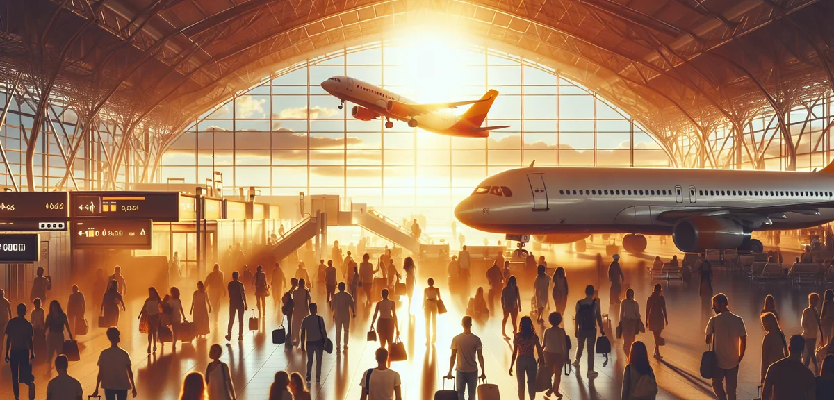 Budget airline terminal with travelers and colorful airplanes, professional travel photography, brig