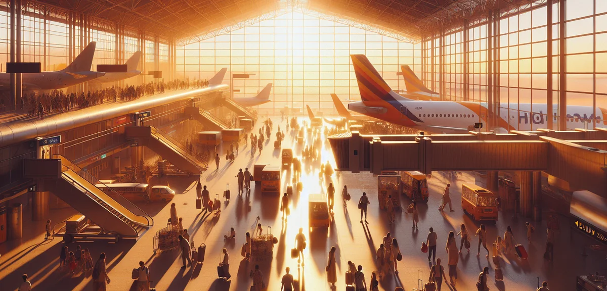 Budget airline terminal with travelers and colorful airplanes, professional travel photography, brig