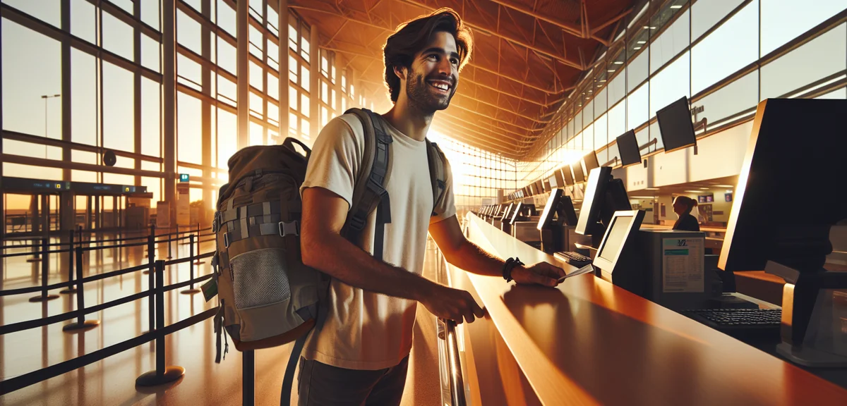 Happy budget traveler at airport check-in counter with backpack, professional travel photography, wa