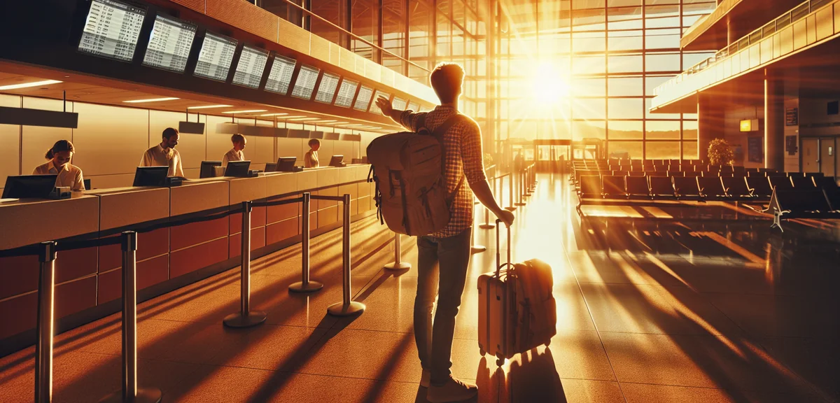 Happy budget traveler at airport check-in counter with backpack, professional travel photography, wa