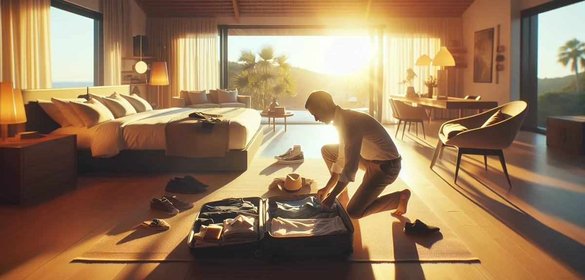 旅行用の衣類をスーツケースに効率よく詰めている様子、明るい部屋