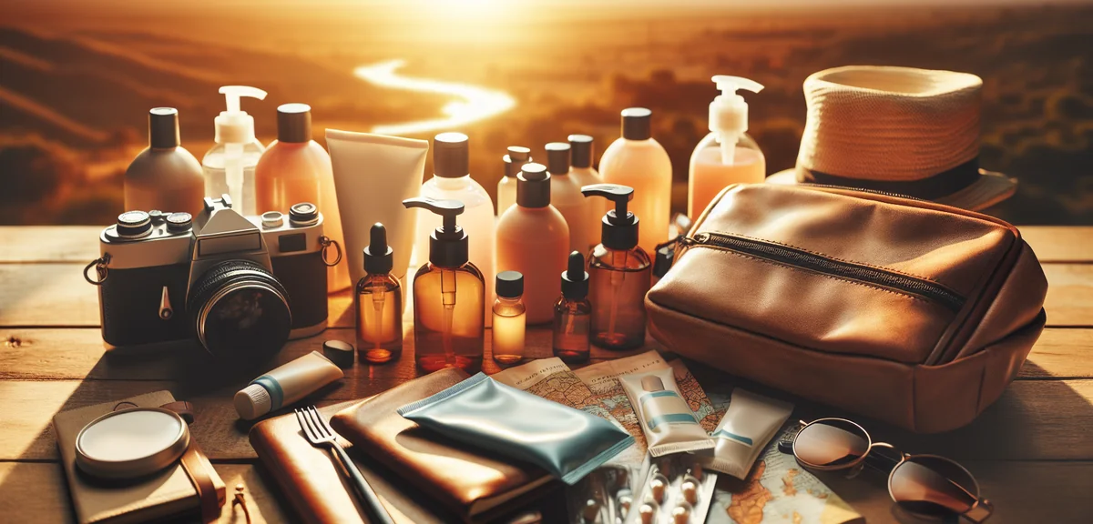 トラベル用の小分けボトルやポーチに整理された衛生用品セット