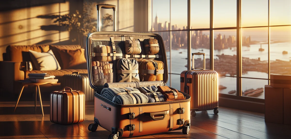 きれいにパッキングされたスーツケースの中身、圧縮袋や収納ポーチで整理された状態