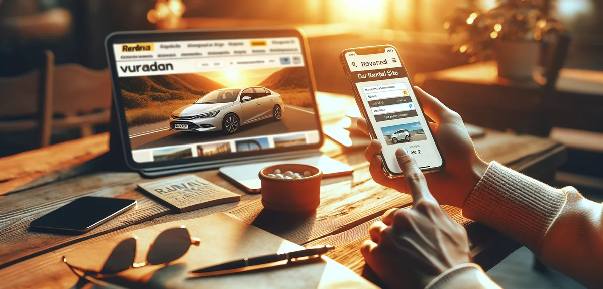 レンタカー比較サイトをスマートフォンで閲覧している手元、旅行ガイドブックが隣に置かれている