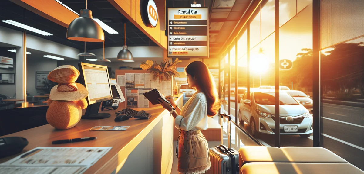レンタカーのカウンターで手続きしている旅行者、明るい営業所内