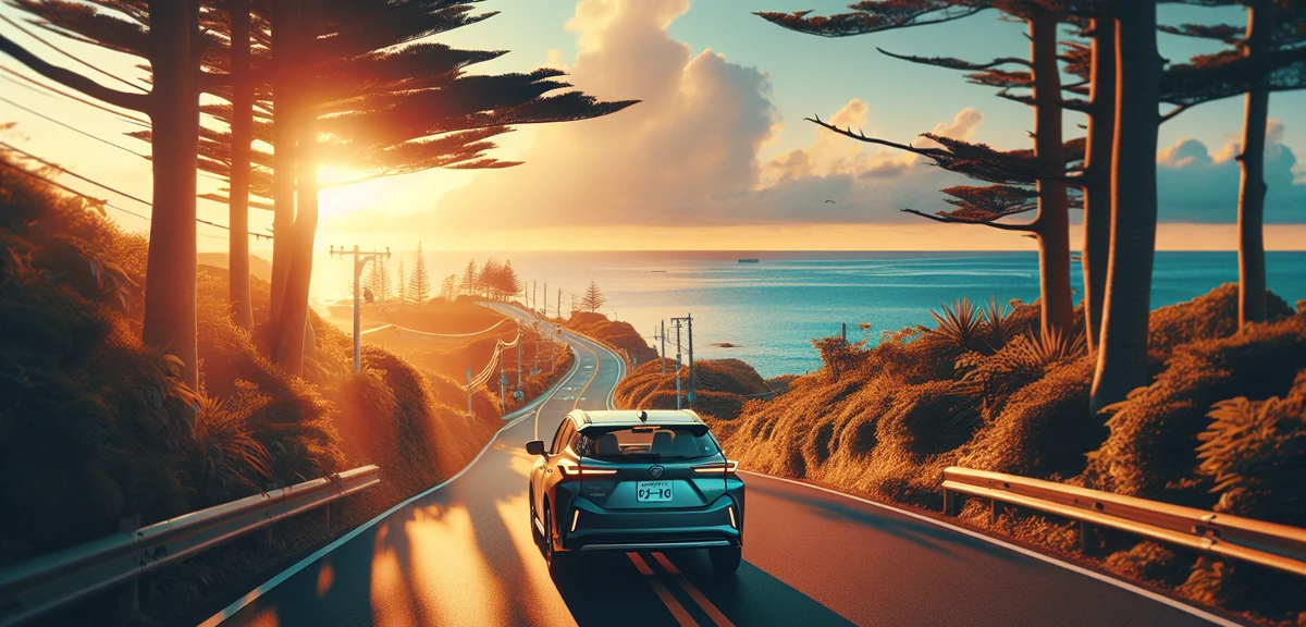 沖縄の美しい海沿いの道路をドライブするレンタカー、青い空と海、開放的な雰囲気