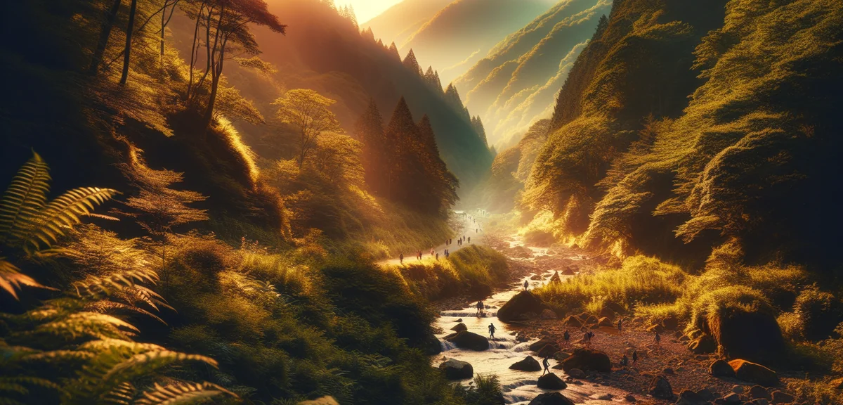 Beautiful Japanese mountain stream in lush green forest with hikers, cool summer atmosphere, profess