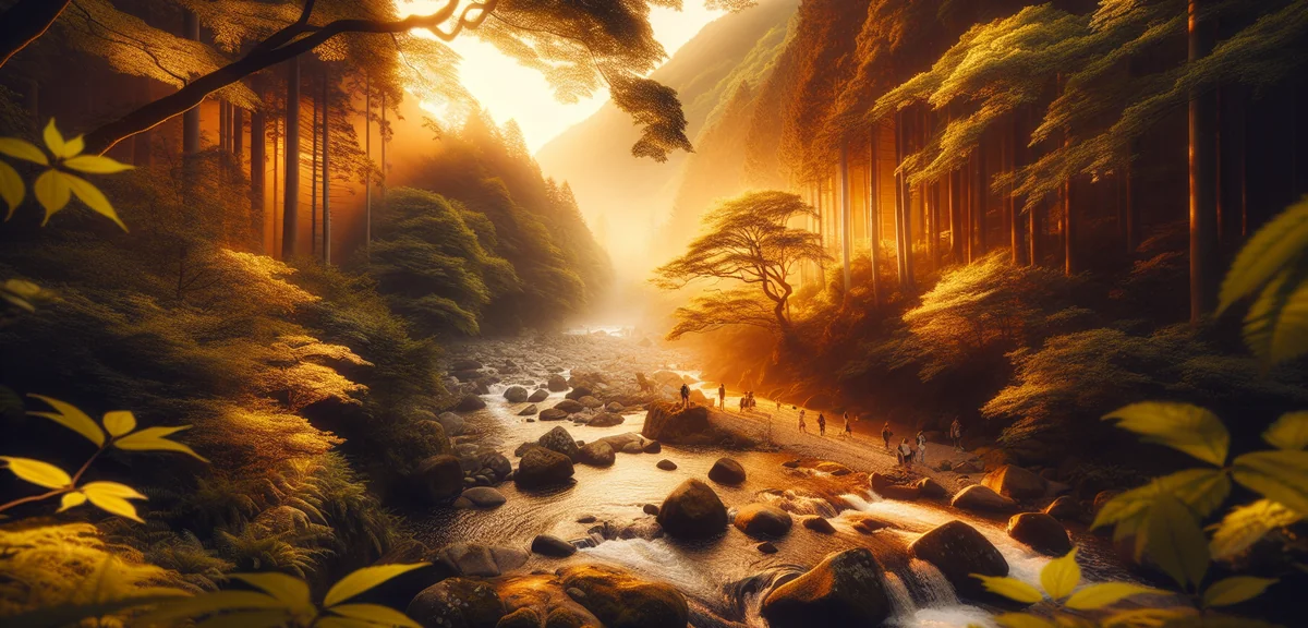 Beautiful Japanese mountain stream in lush green forest with hikers, cool summer atmosphere, profess
