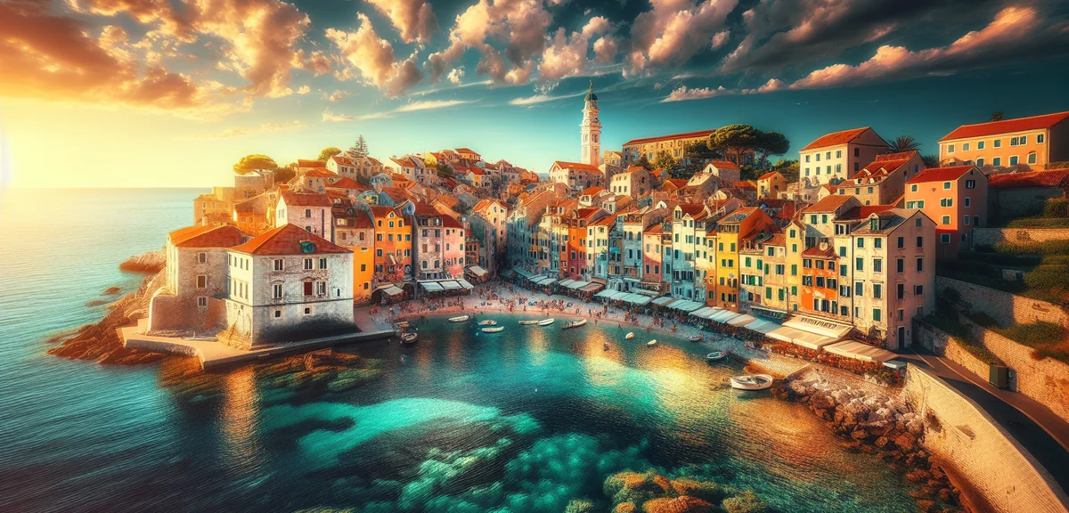 Beautiful European coastal town with turquoise sea and colorful buildings, summer vacation, cinemati
