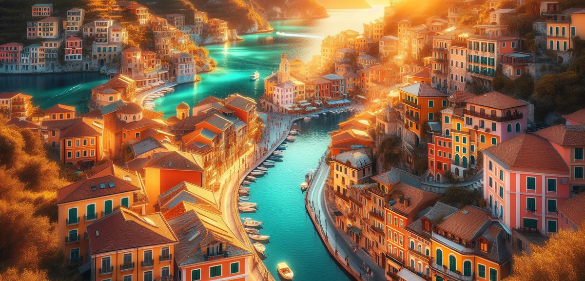 Beautiful European coastal town with turquoise sea and colorful buildings, summer vacation, cinemati