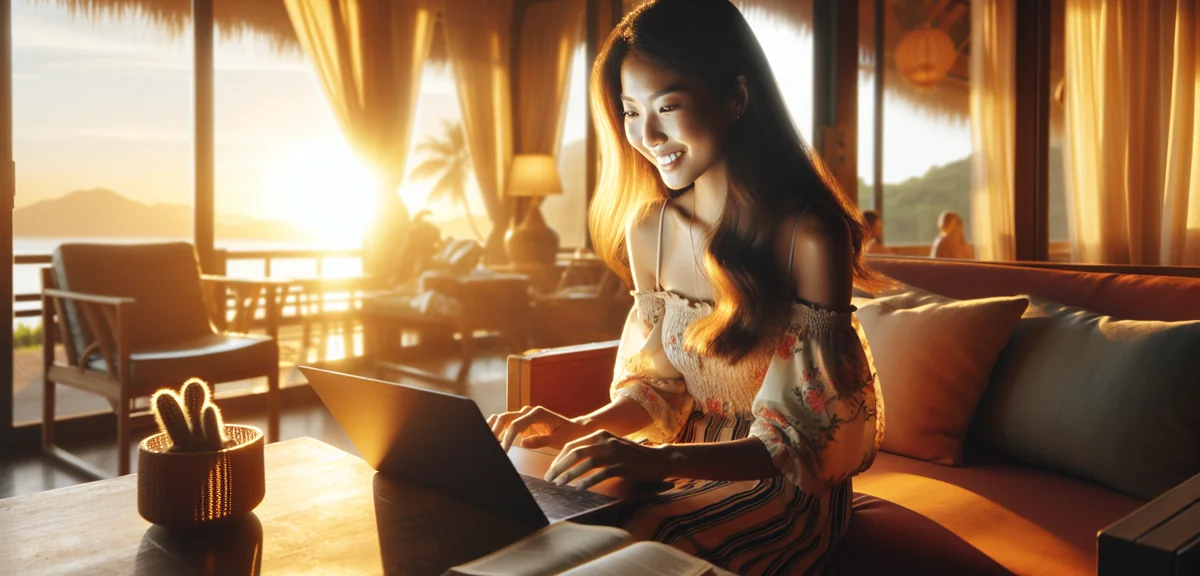 Person booking summer vacation deal on laptop with excited expression, bright sunny room, profession