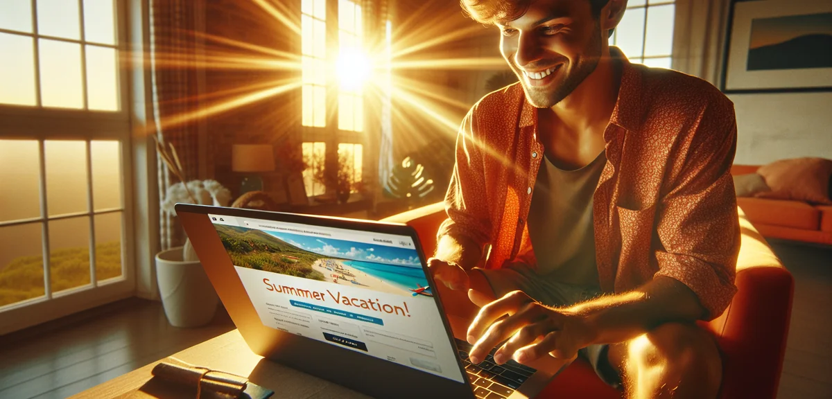 Person booking summer vacation deal on laptop with excited expression, bright sunny room, profession