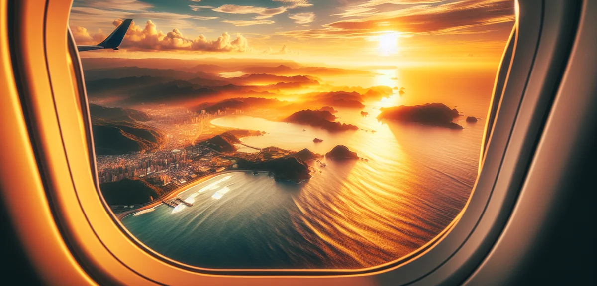 飛行機の窓から見える台湾の上空、美しい海と島の風景、晴天