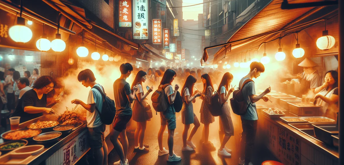 台湾の夜市で楽しそうに食べ歩きをしている旅行者たち、屋台の湯気とネオンの光