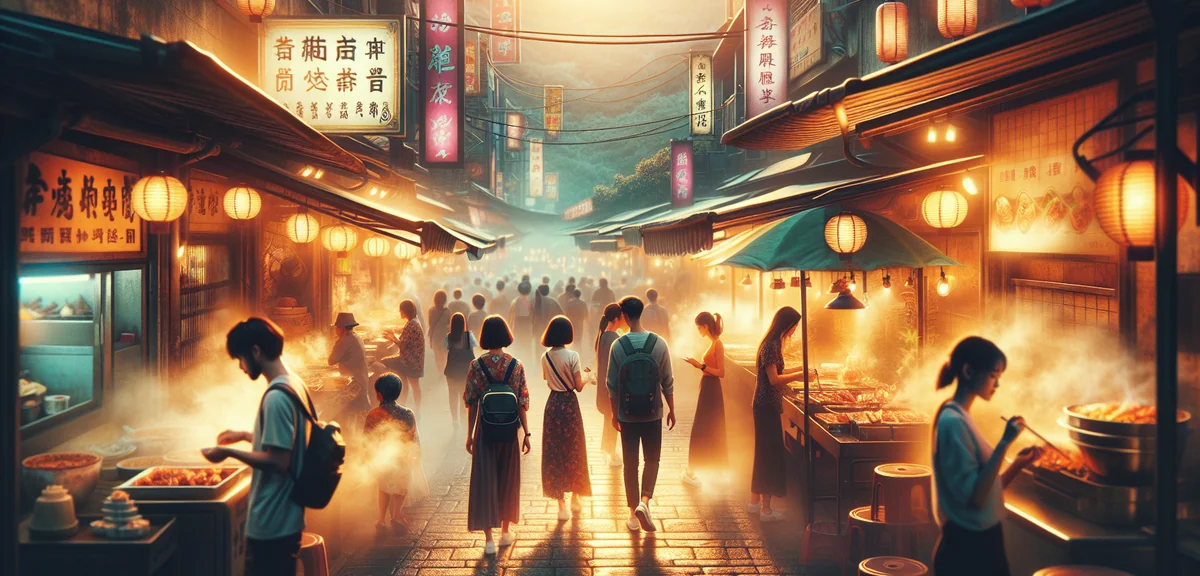 台湾の夜市で楽しそうに食べ歩きをしている旅行者たち、屋台の湯気とネオンの光