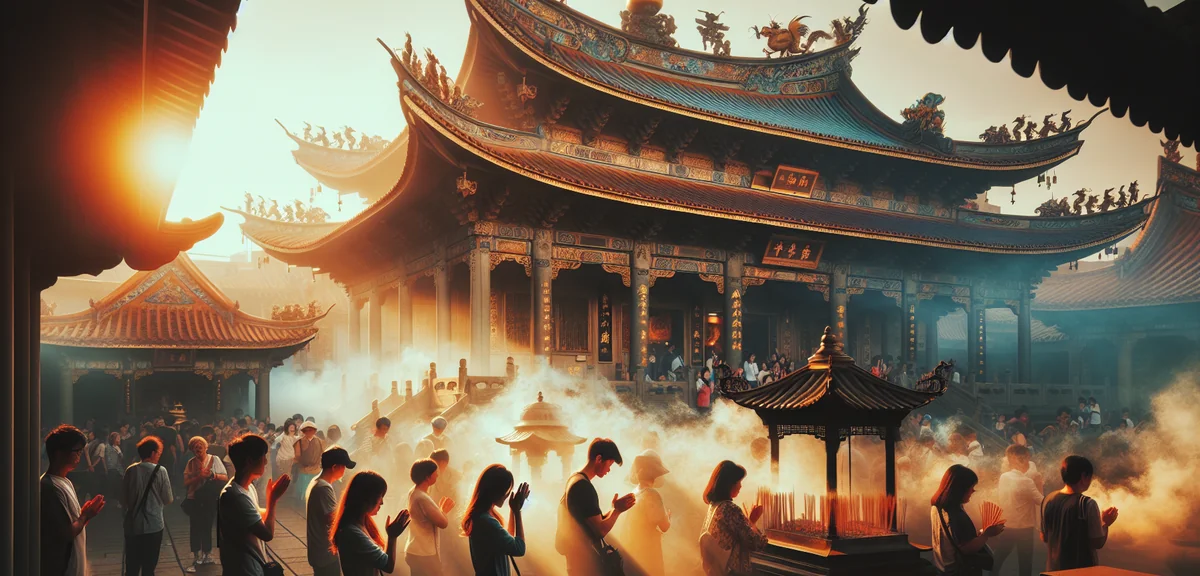 台北の美しい寺院（龍山寺）を参拝する観光客、線香の煙、伝統的な装飾