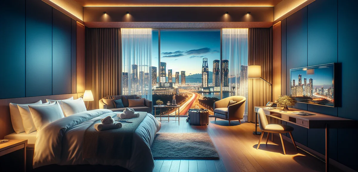 みなとみらいの夜景が見える清潔なホテル室内