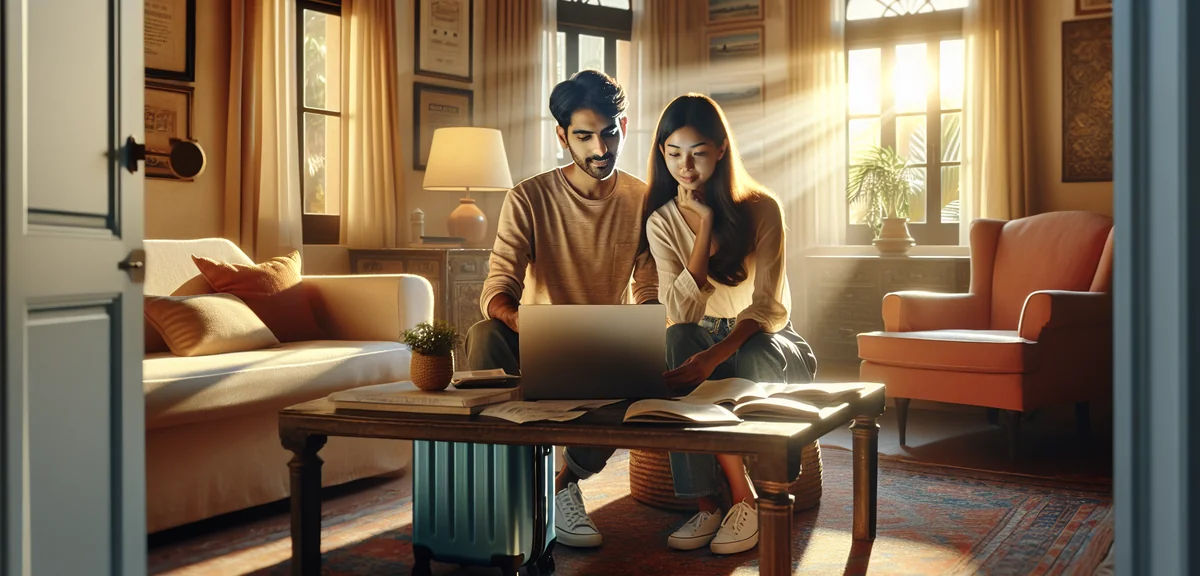 明るいリビングでノートPCを使ってホテル予約サイトを比較する若いカップル