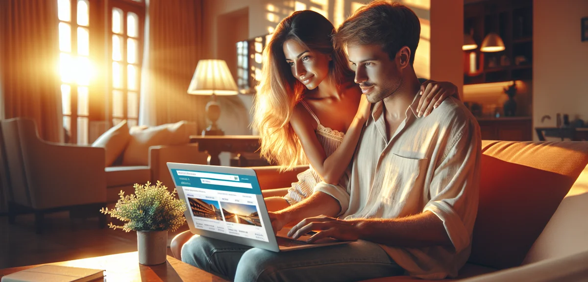 明るいリビングでノートPCを使ってホテル予約サイトを比較する若いカップル