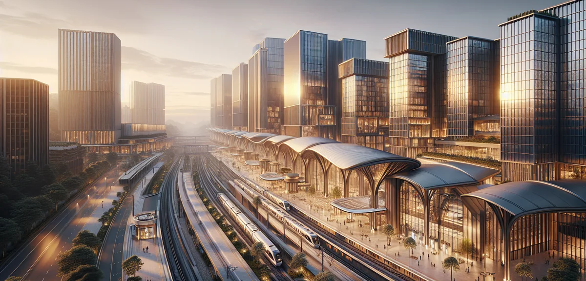 Nagoya Kanayama station area with modern hotel buildings, professional architecture photography, bri