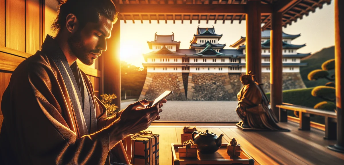 Person booking hotel on smartphone with Nagoya Castle in background, professional lifestyle photogra