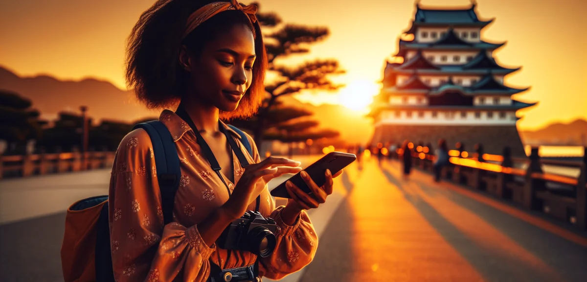 Person booking hotel on smartphone with Nagoya Castle in background, professional lifestyle photogra