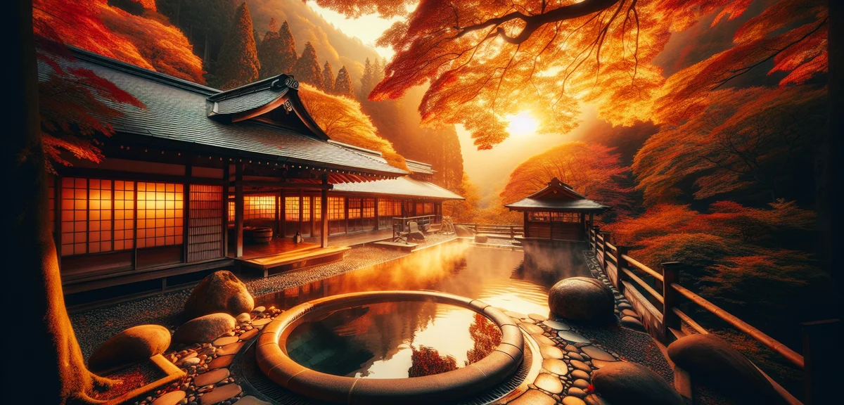 美しい日本の温泉旅館の露天風呂と紅葉の風景