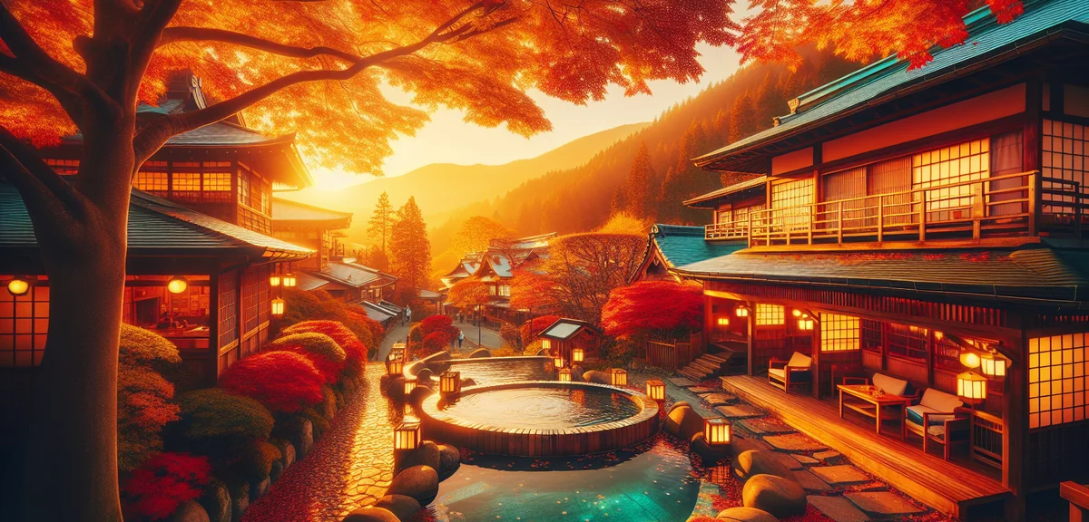 美しい日本の温泉旅館の露天風呂と紅葉の風景