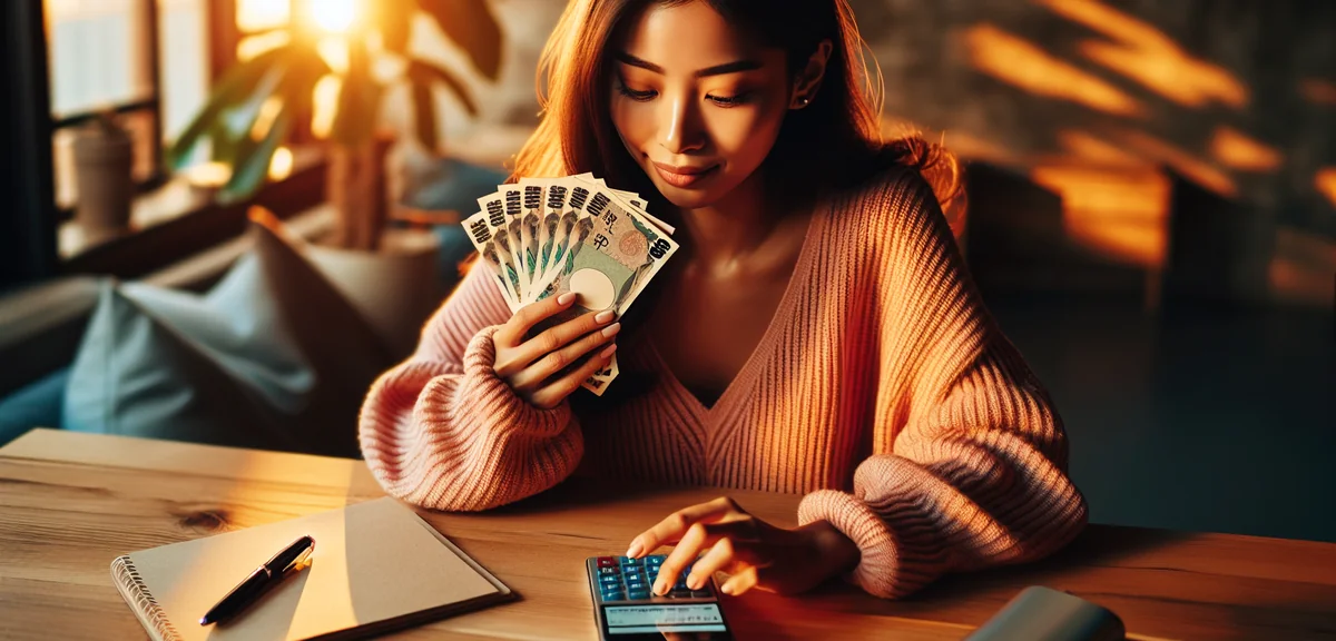スマートフォンで旅行予算を計算する女性、テーブルの上に日本円の紙幣と電卓