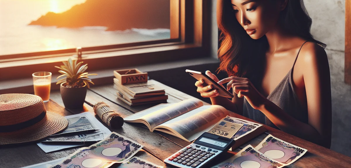 スマートフォンで旅行予算を計算する女性、テーブルの上に日本円の紙幣と電卓