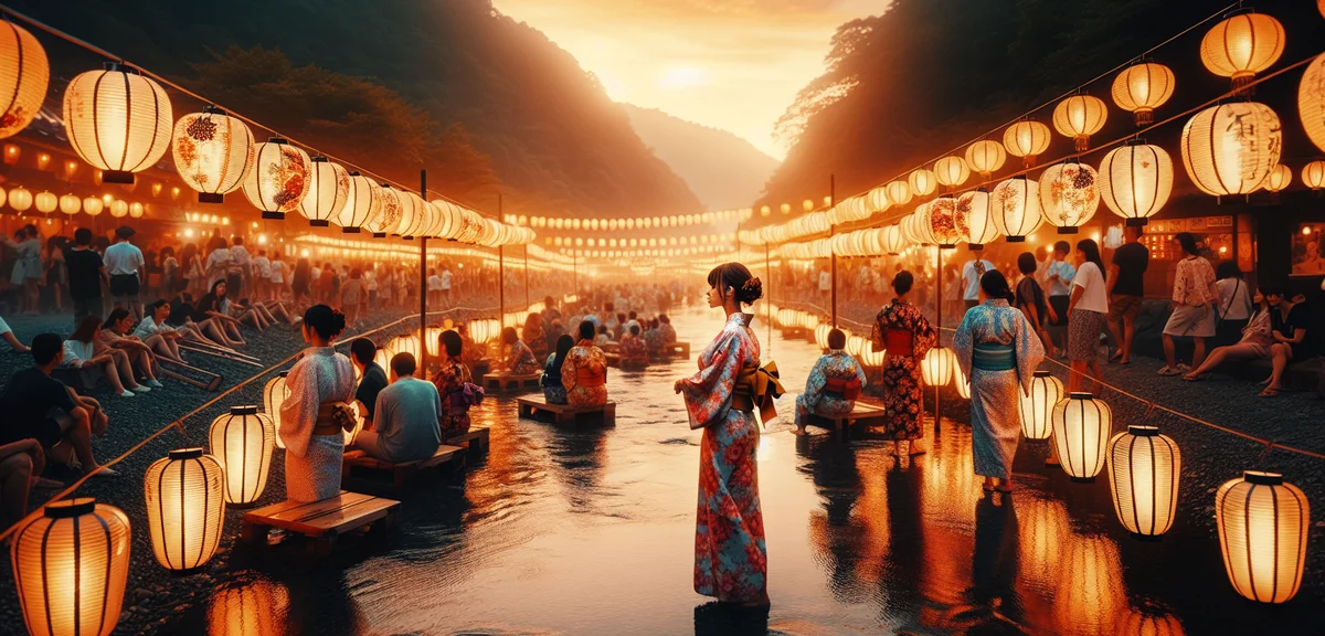 夏祭りの提灯と浴衣を着た人々、川沿いの夕暮れ風景
