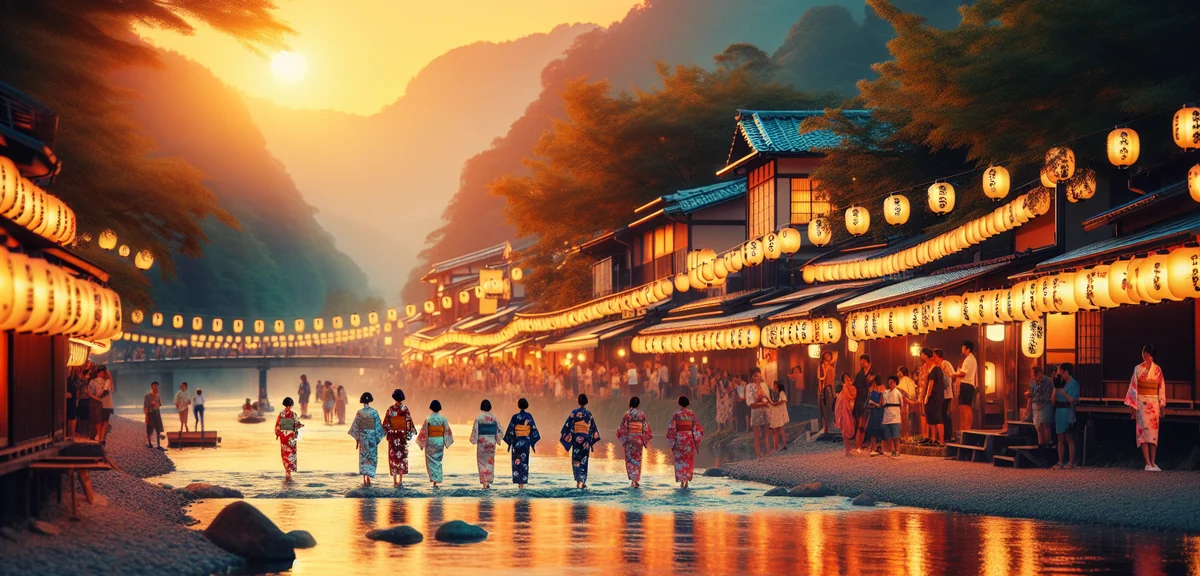 夏祭りの提灯と浴衣を着た人々、川沿いの夕暮れ風景