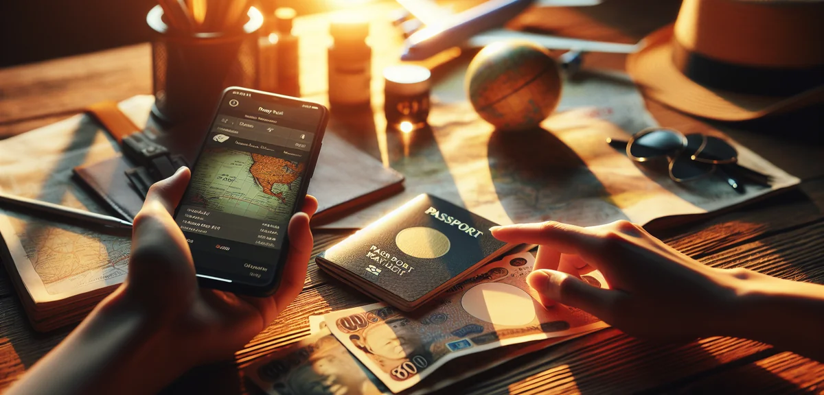 スマートフォンで格安航空券を検索している画面、パスポートと日本円が机の上に置いてある