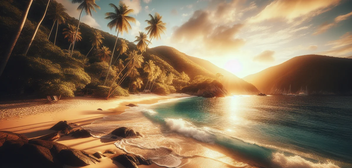 美しい穴場のビーチで透き通る海と緑の丘